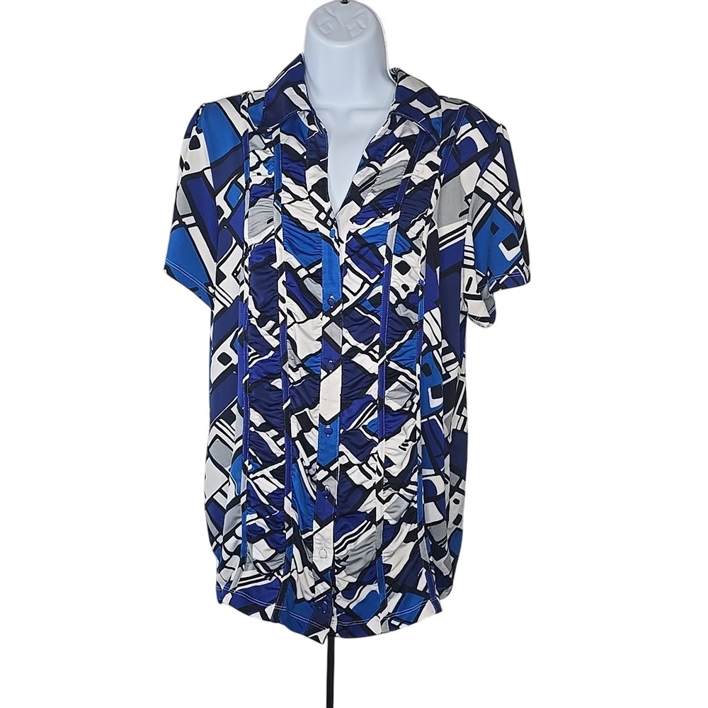 Dressbarn Button Front Blouse Women 14/16 Blue Geometric Abstract Modern‎ Ruched